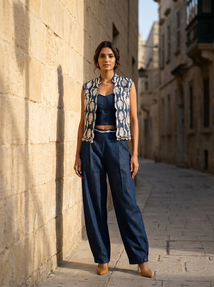 DENIM COLLAR JACKET WITH PANT