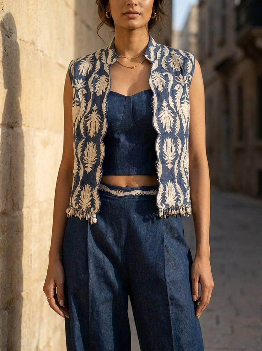 DENIM COLLAR JACKET WITH PANT