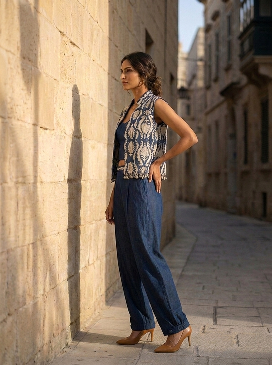 DENIM COLLAR JACKET WITH PANT