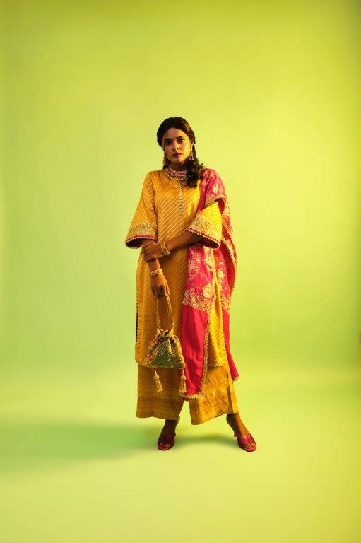 Yellow Leheriya Kurta With Pink Pant 