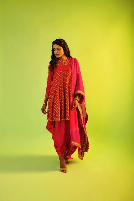 Red Benarasi Kurti With Dhoti And Dupatta