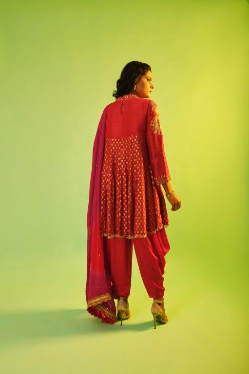 Red Benarasi Kurti With Dhoti And Dupatta