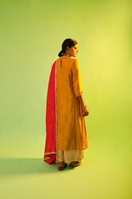 Mustard Kurta With Pant And Red Bandhni Dupatta