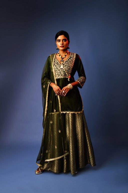 Dark Mehndi Kurti With Benarasi Sharara And Dupatta