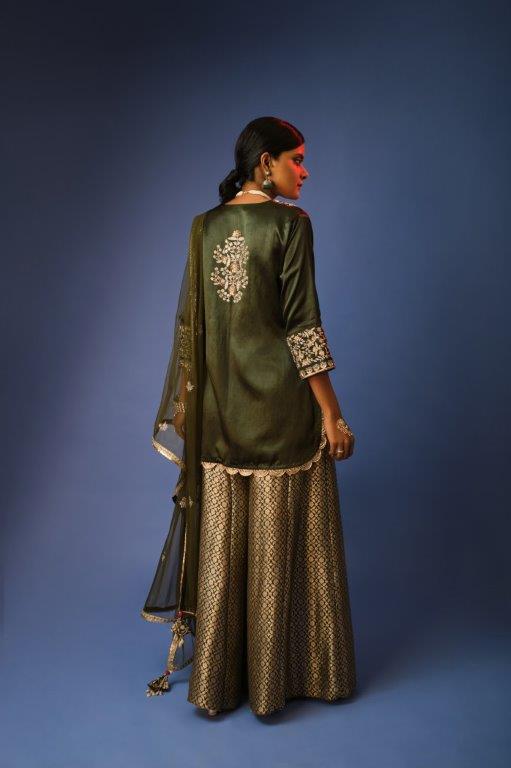 Dark Mehndi Kurti With Benarasi Sharara And Dupatta