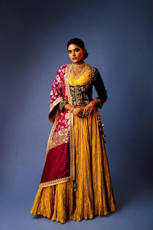 Yellow Lehenga With Green Jacket, Inner And Benarasi Dupatta