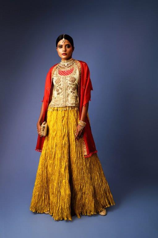 Yellow Lehenga With Sea green Jacket, Inner And Red Cape Dupatta