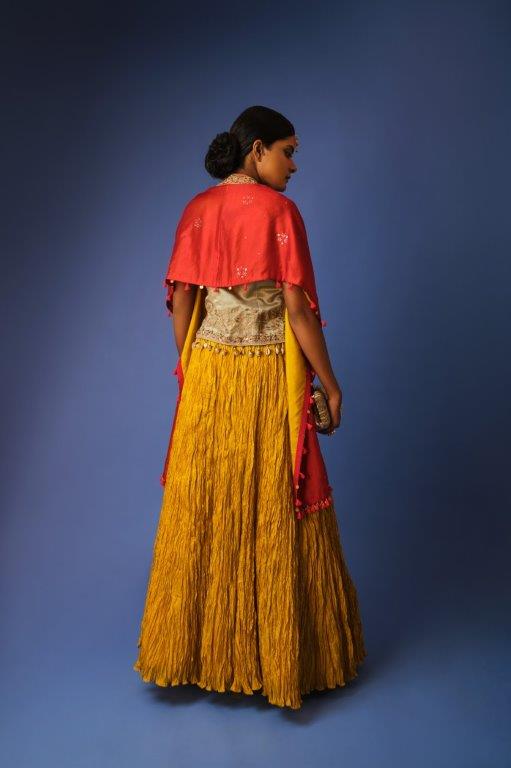 Yellow Lehenga With Sea green Jacket, Inner And Red Cape Dupatta