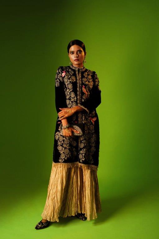 Black Velvet Jacket Kurti With Beige Sharara