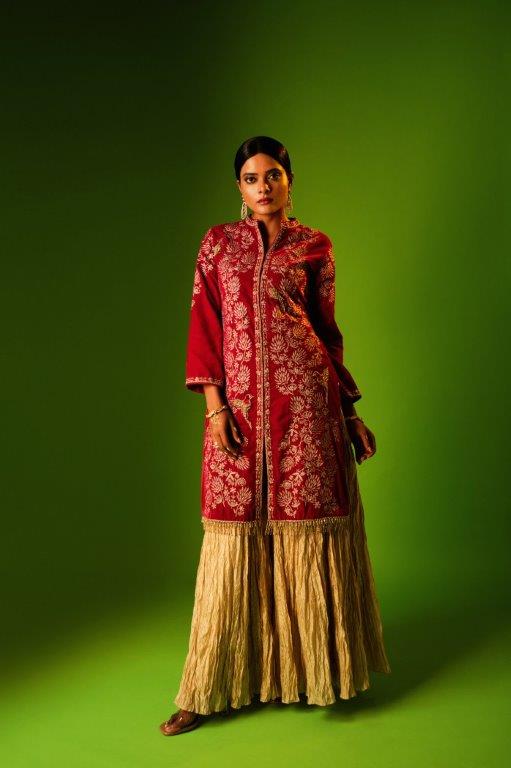 Red Velvet Jacket Kurti With Beige Sharara