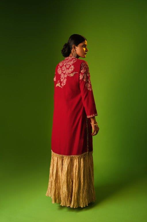 Red Velvet Jacket Kurti With Beige Sharara
