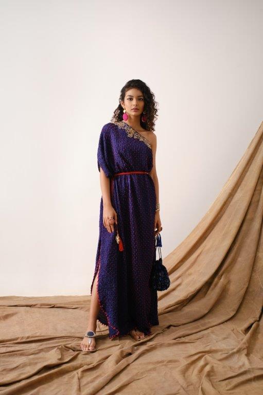 Blue Bandhni One  Shoulder Dress Aditi Somani India