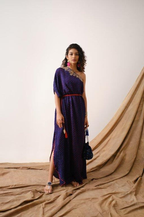 Blue Bandhni One  Shoulder Dress Aditi Somani India