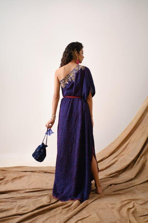 Blue Bandhni One  Shoulder Dress Aditi Somani India