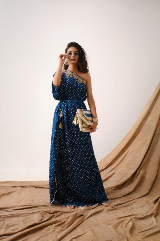Teal Bandhni One Shoulder Dress Aditi Somani India