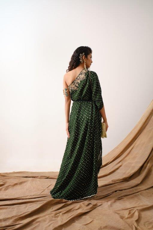 Green Bandhni One Shoulder Dress