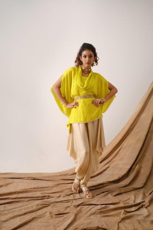 Lime Green Bandhni Cowl Tunic With Dhoti