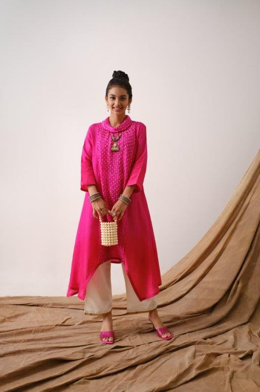 Fuschia Bandhni Cowl Neck Tunic