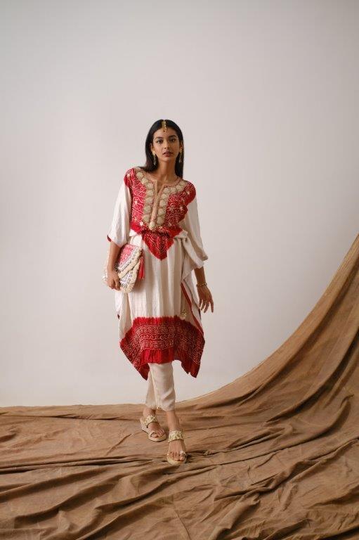 White Red Bandhni Katan Tunic Aditi Somani India