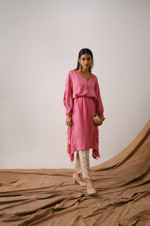 Onion Pink Bandhani Kaftan Tunic 
