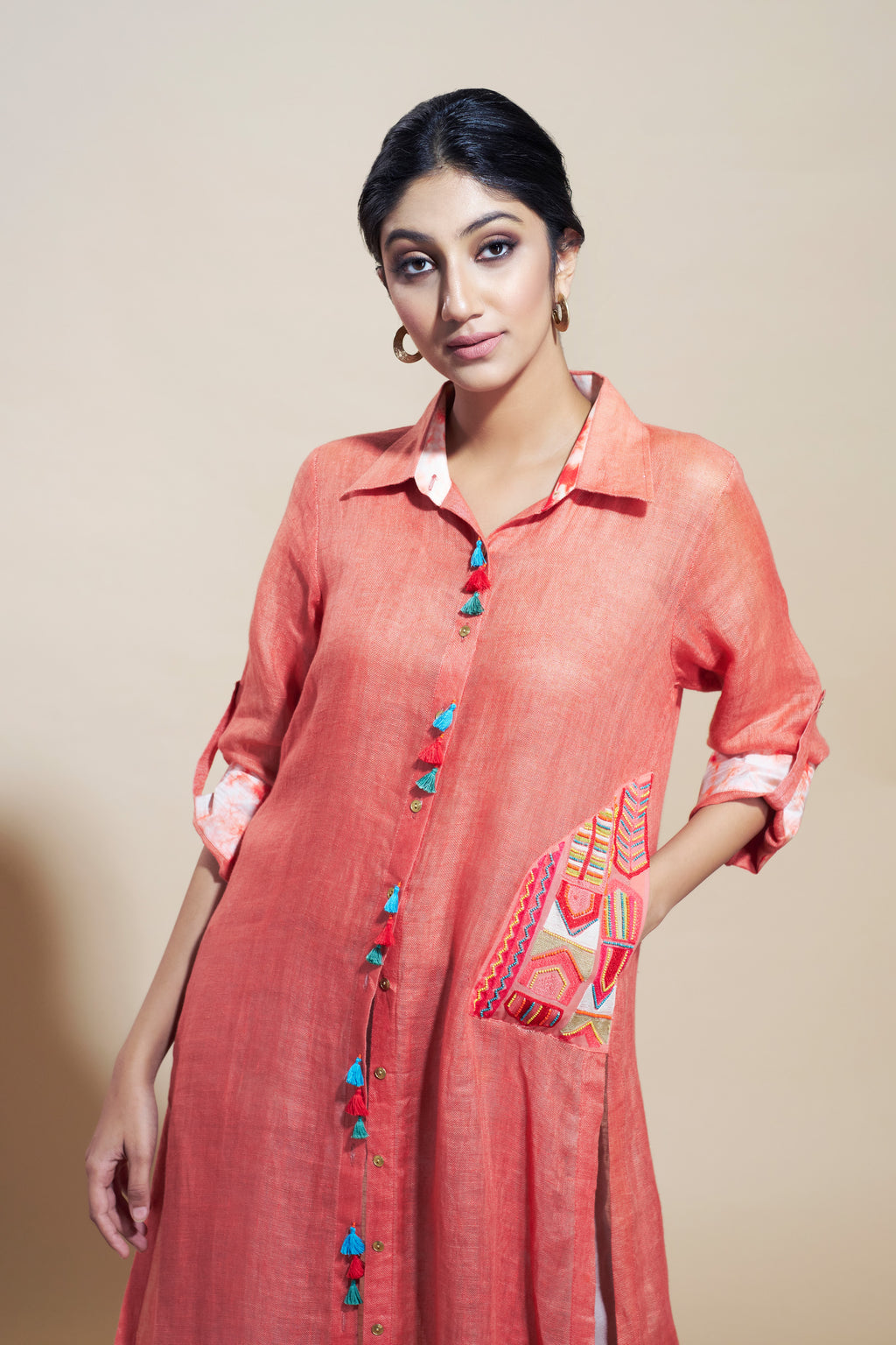 Coral Linen Tunic With Beaded Pocket Aditi Somani India