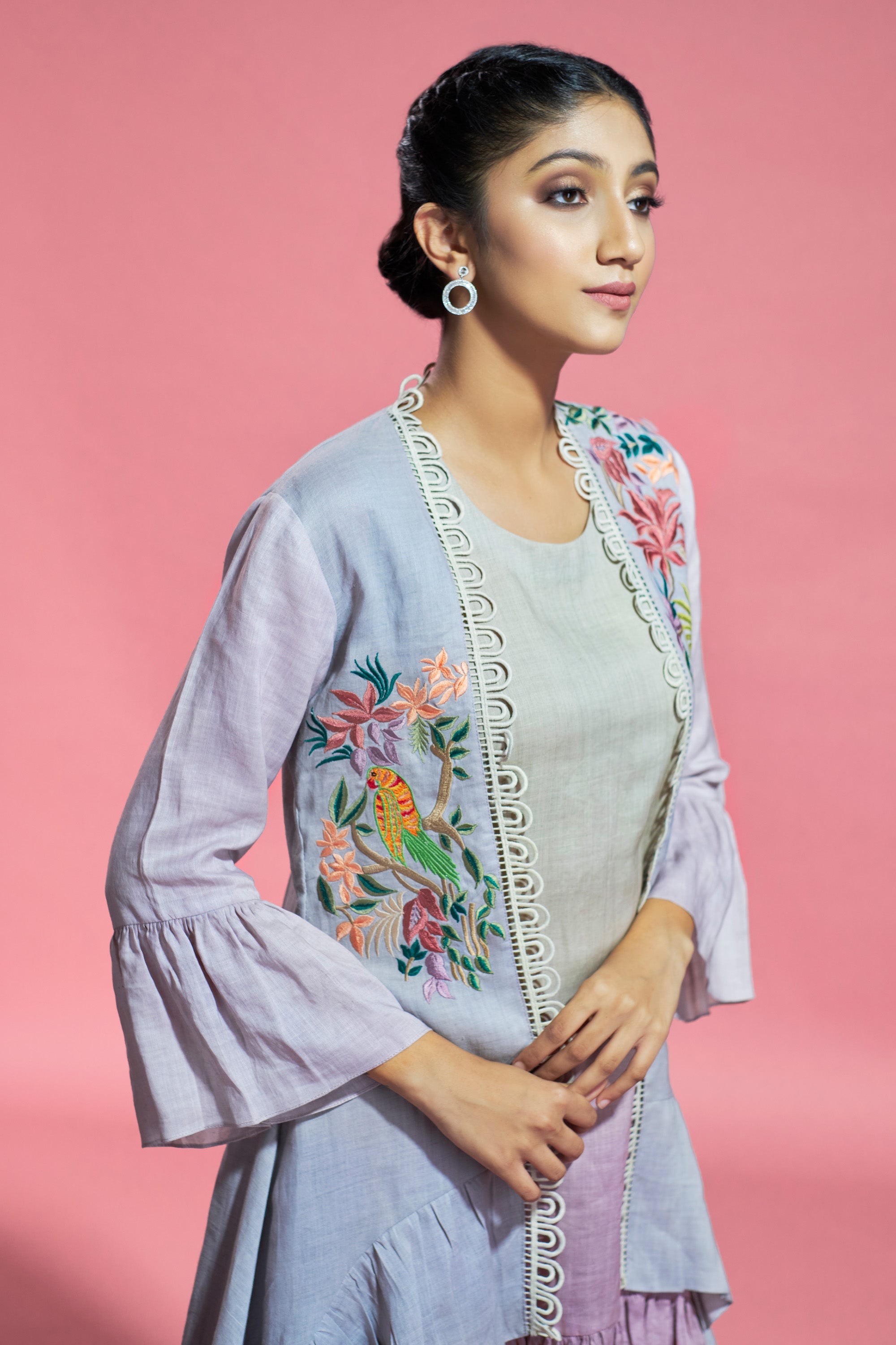 Lilac-Mauve Linen High-Low Tunic With Jacket