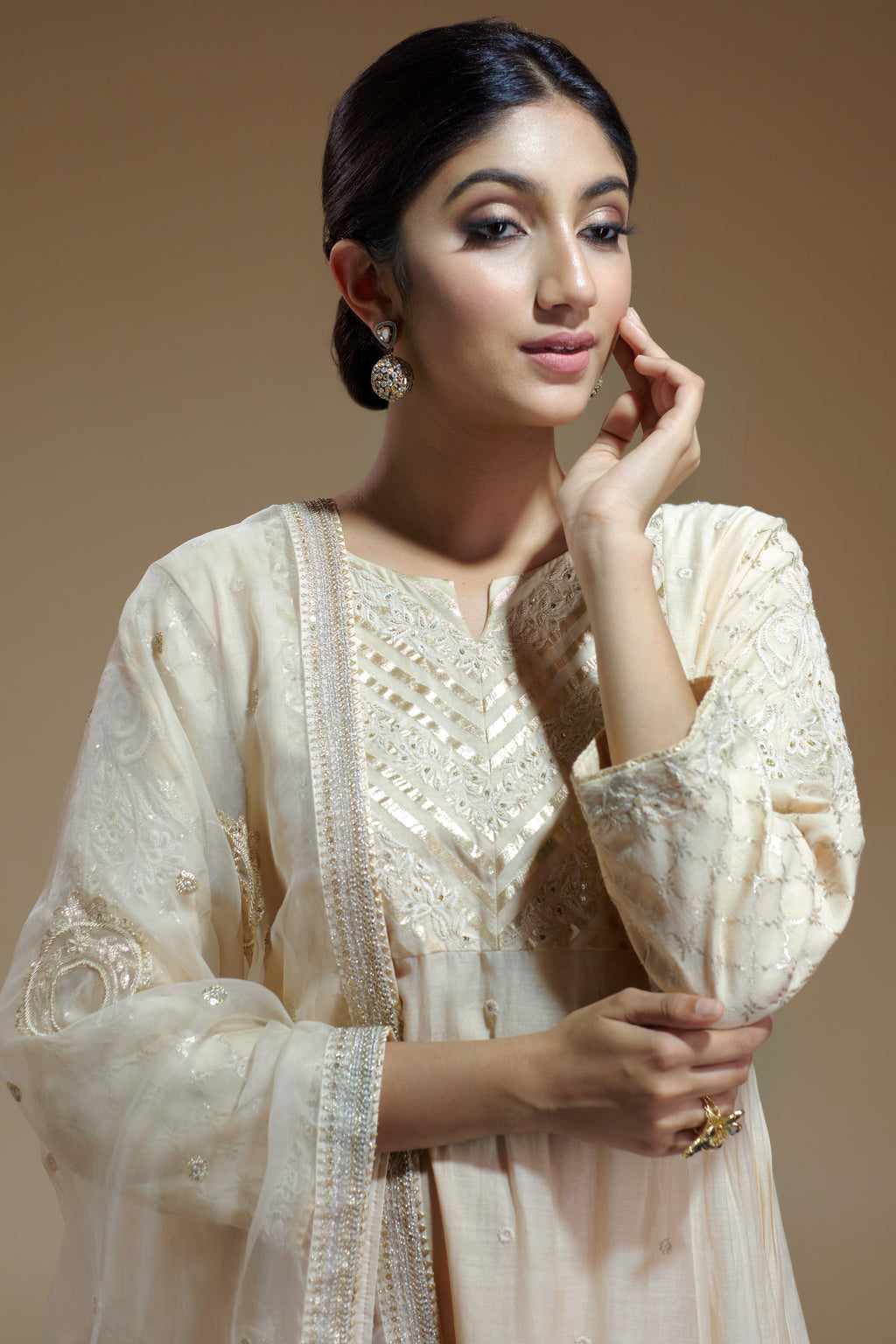 Beige Kurta With Palazzo And Organza Dupatta