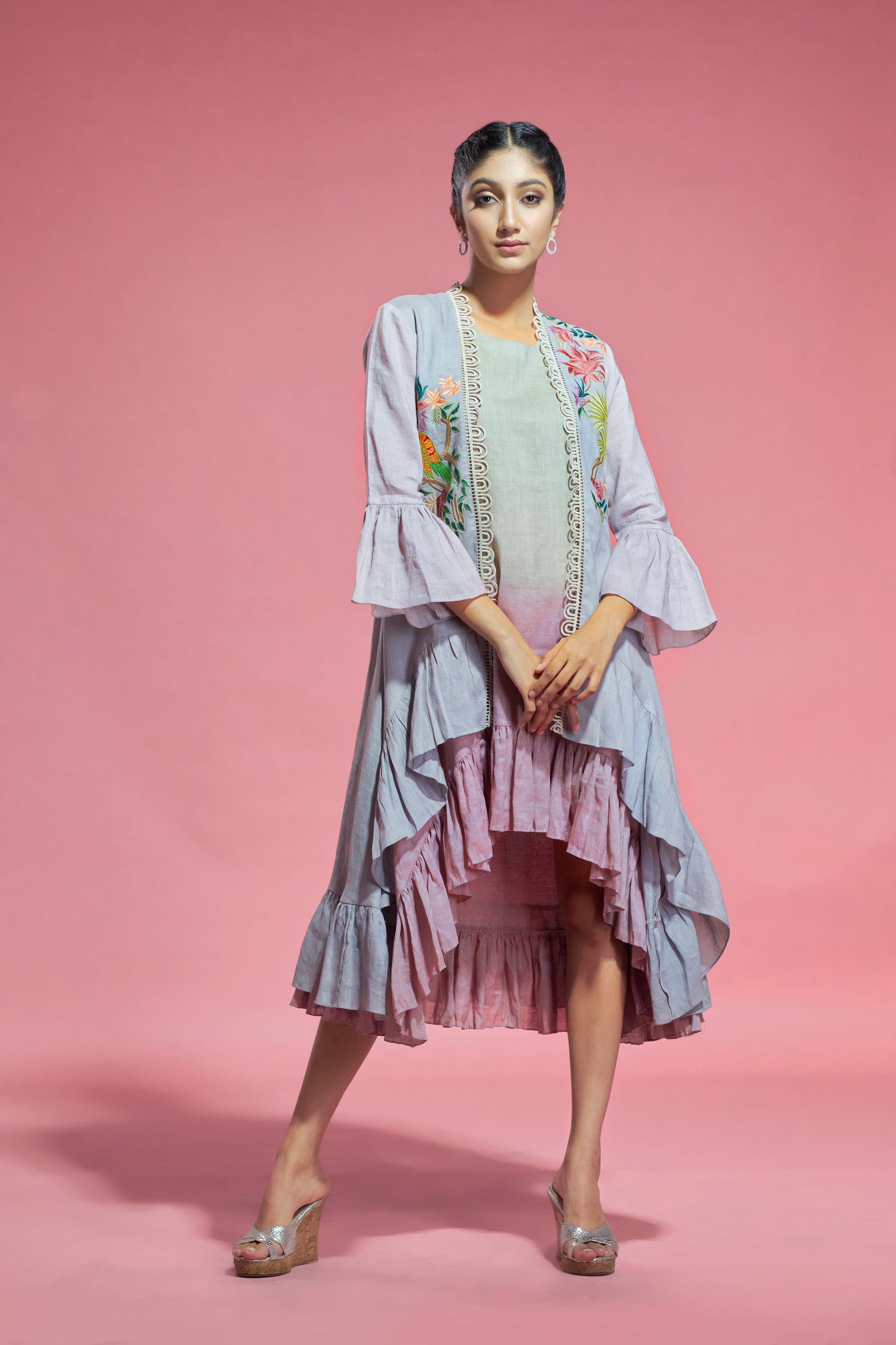 Lilac-Mauve Linen High-Low Tunic With Jacket