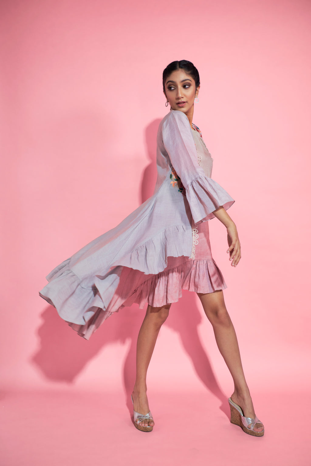 Lilac-Mauve Linen High-Low Tunic With Jacket