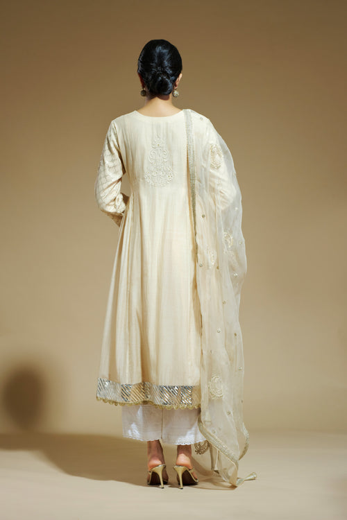 Beige Kurta With Palazzo And Organza Dupatta