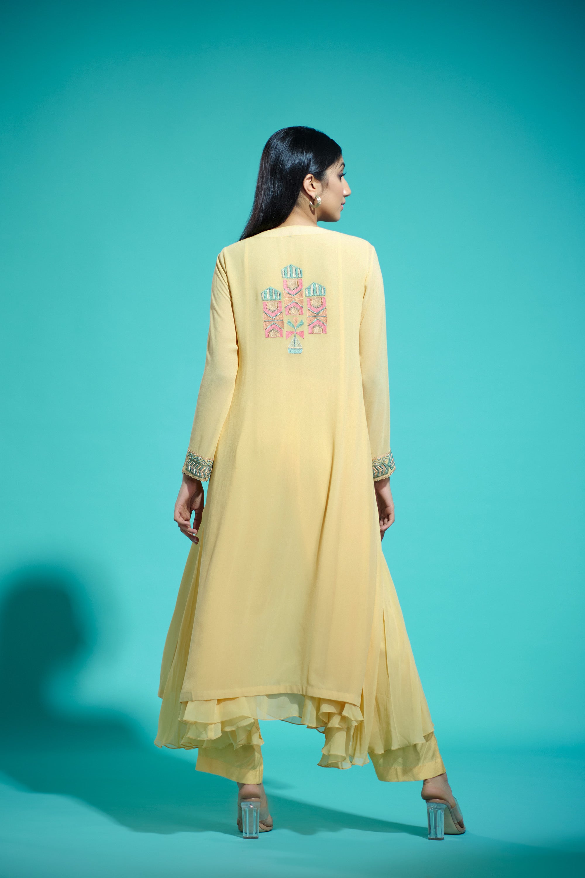 Yellow Georgette Embroidered Double Layered Kurta With Pants