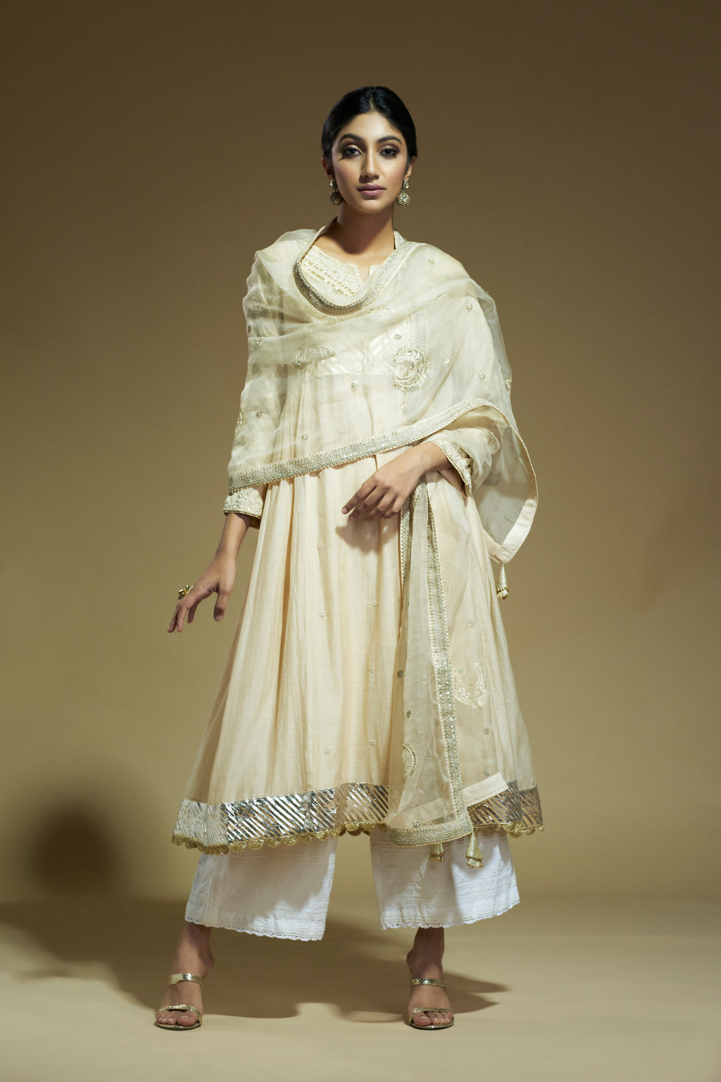 Beige Kurta With Palazzo And Organza Dupatta