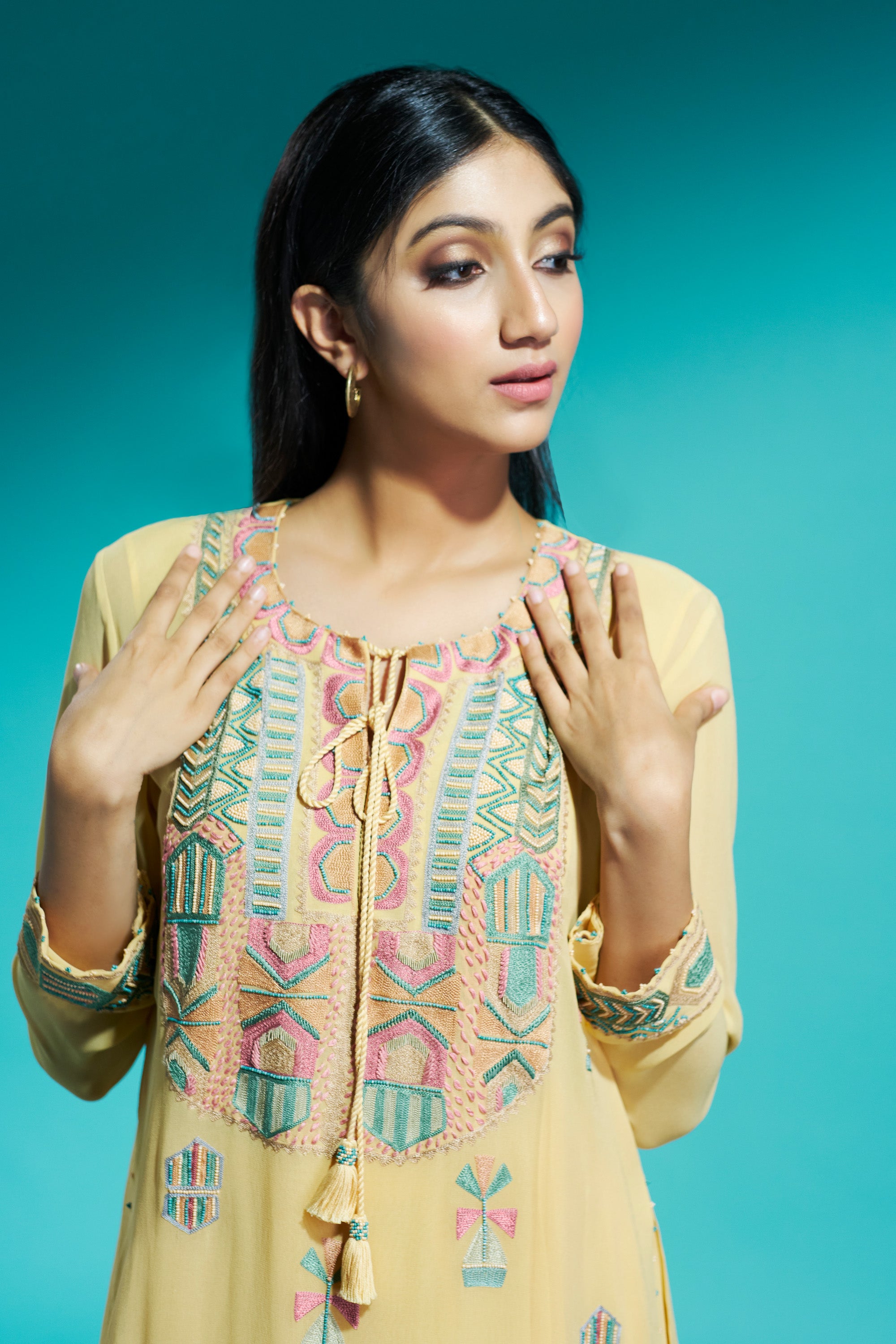 Yellow Georgette Embroidered Double Layered Kurta With Pants
