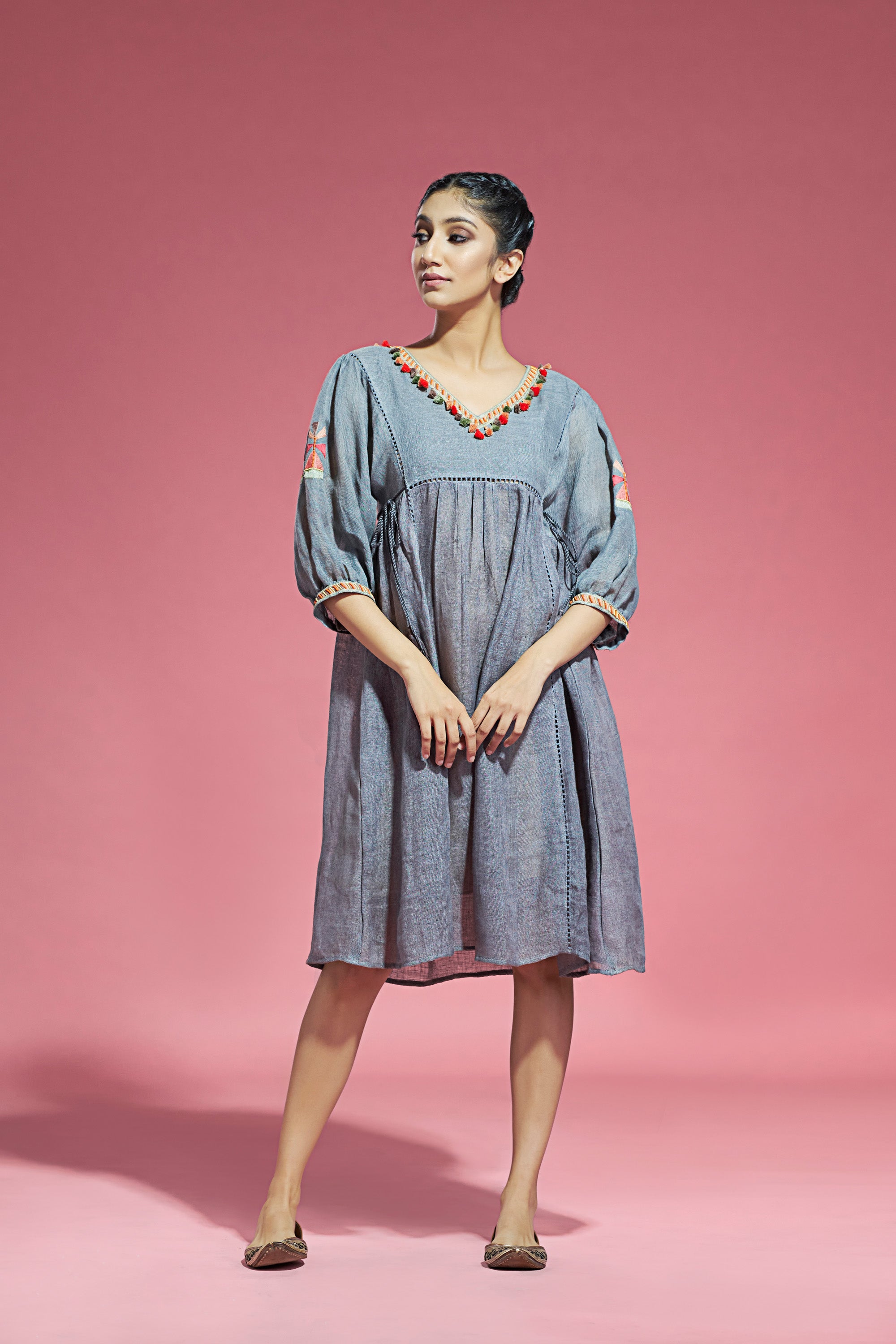 Dark Grey Linen Tunic Dress Aditi Somani India