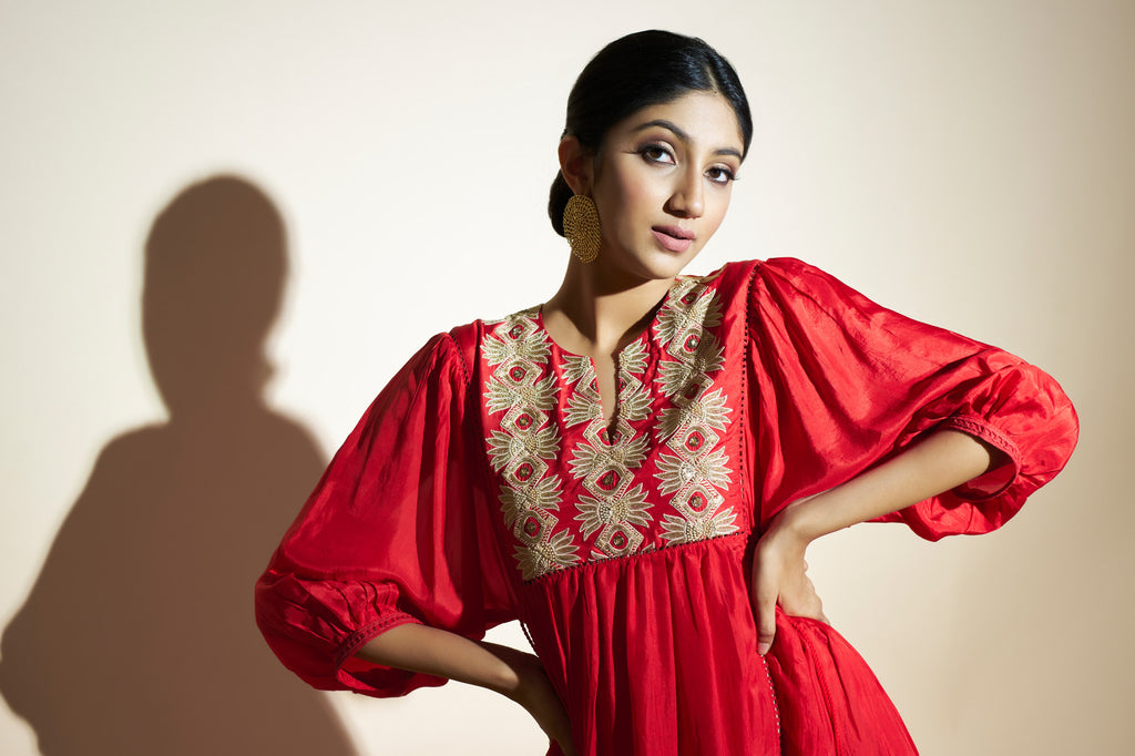 Fiery Red Silk Tunic Dress Aditi Somani India