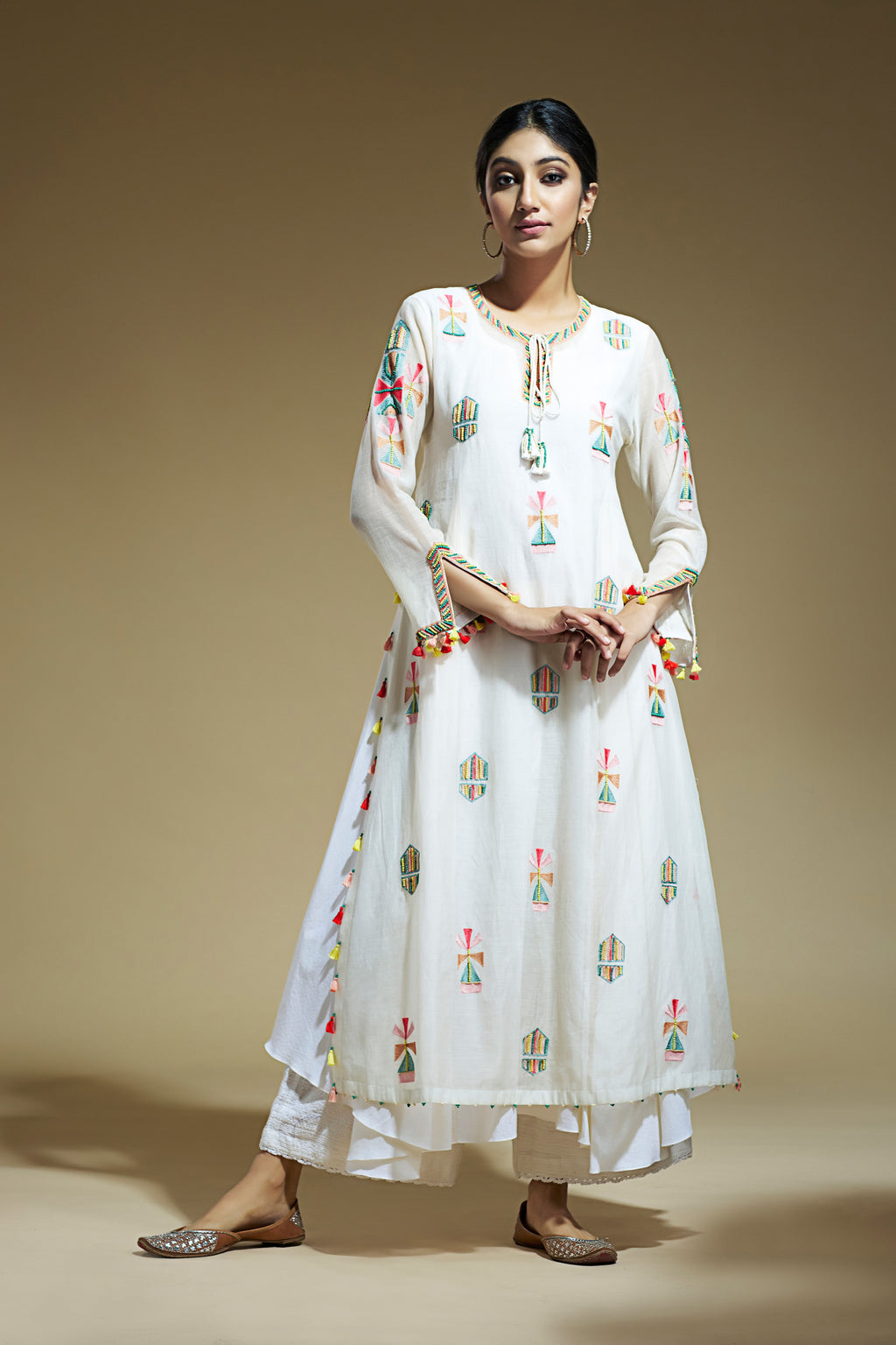 Off-White Long Tunic With Bead Embroidery