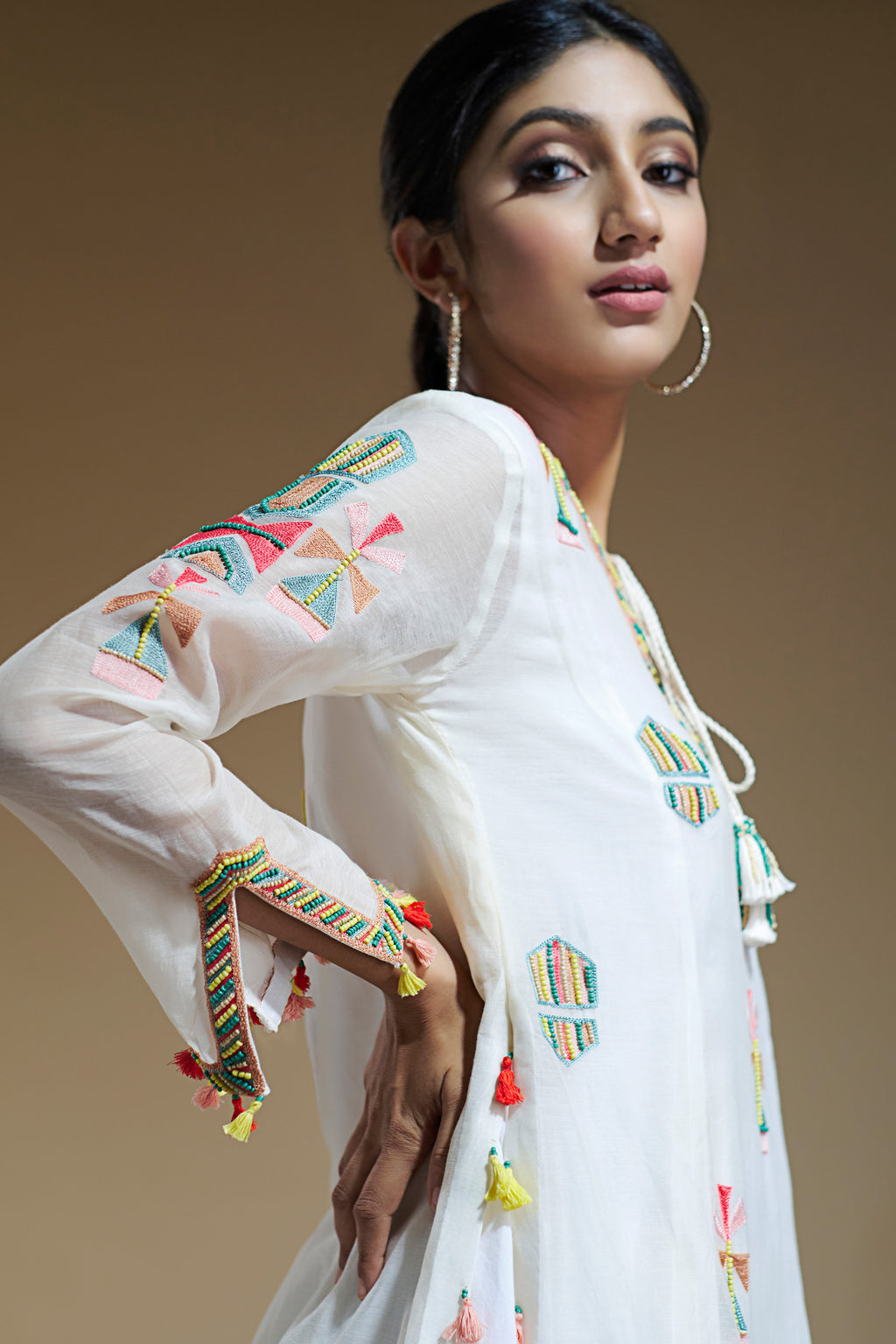 Off-White Long Tunic With Bead Embroidery