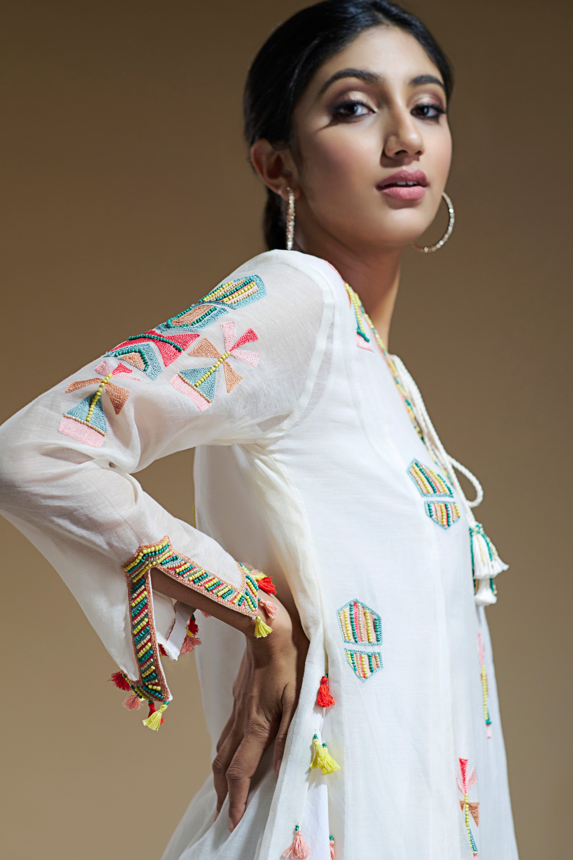 Off-White Long Tunic With Bead Embroidery