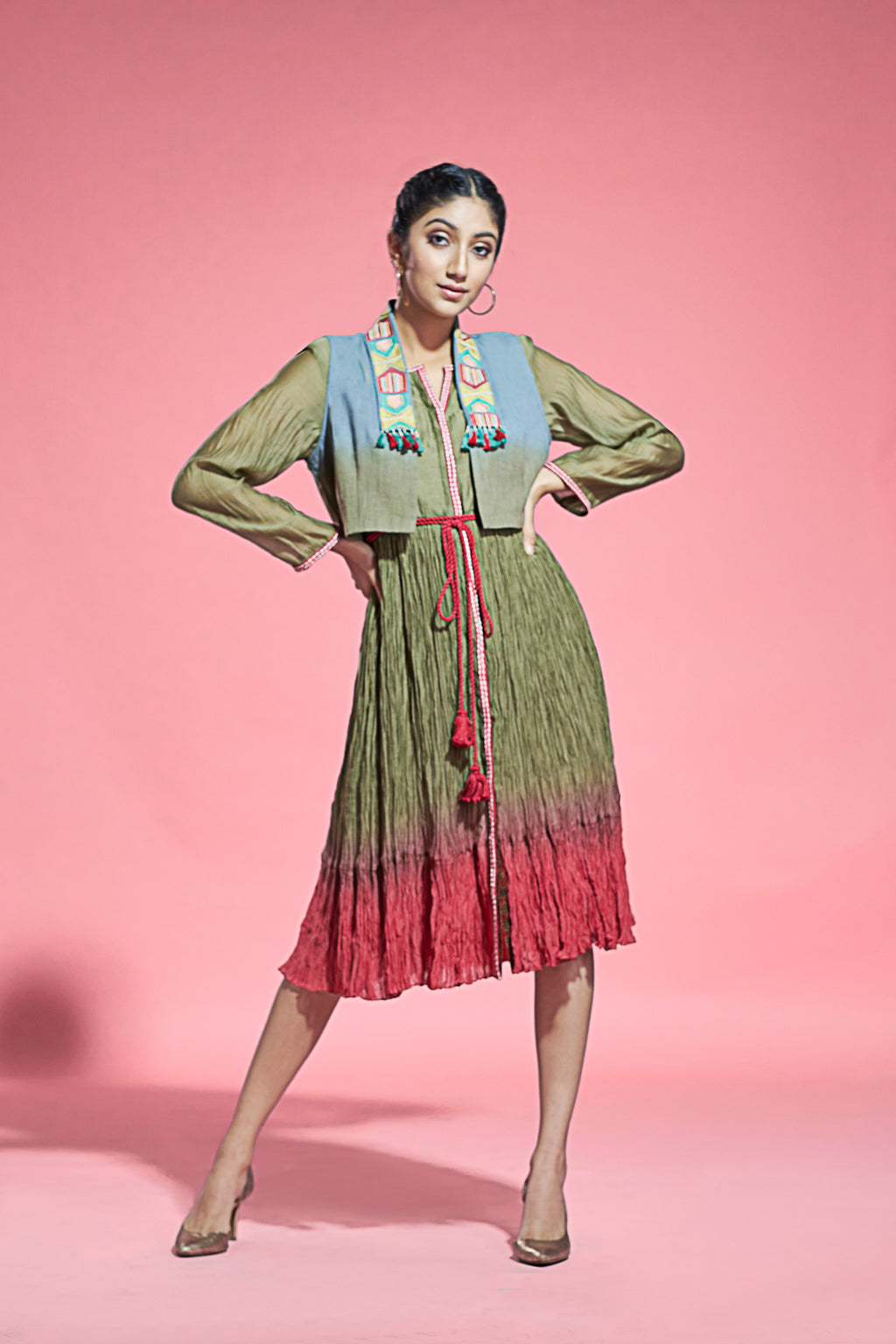 Contemporary Olive Ombre Crush Tunic With Jacket