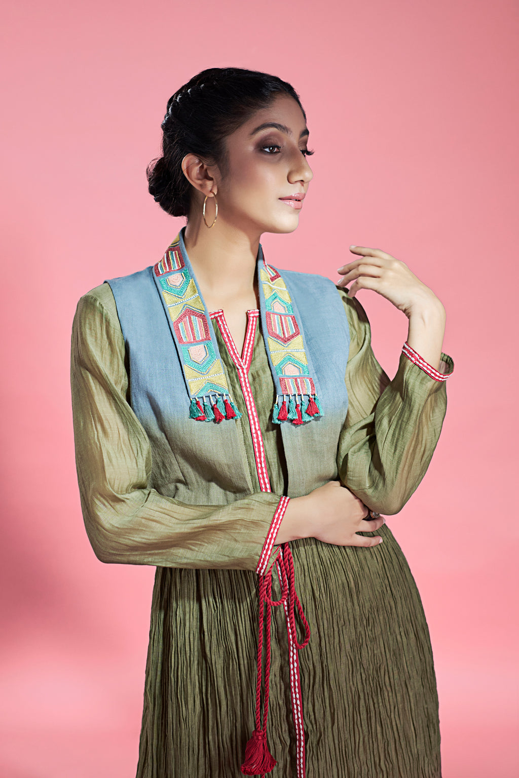 Contemporary Olive Ombre Crush Tunic With Jacket