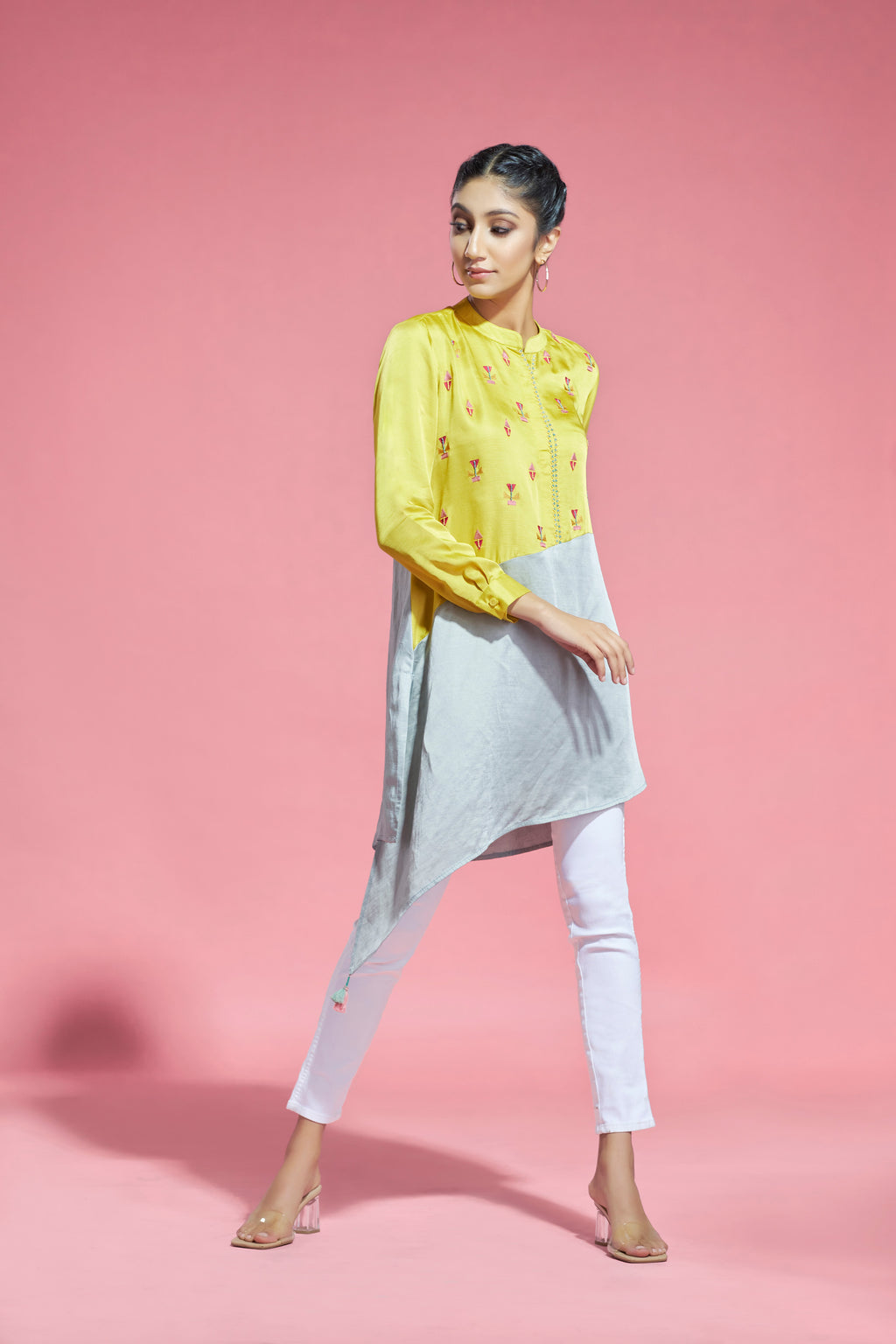 Yellow-Grey Linen Satin Tunic Aditi Somani India