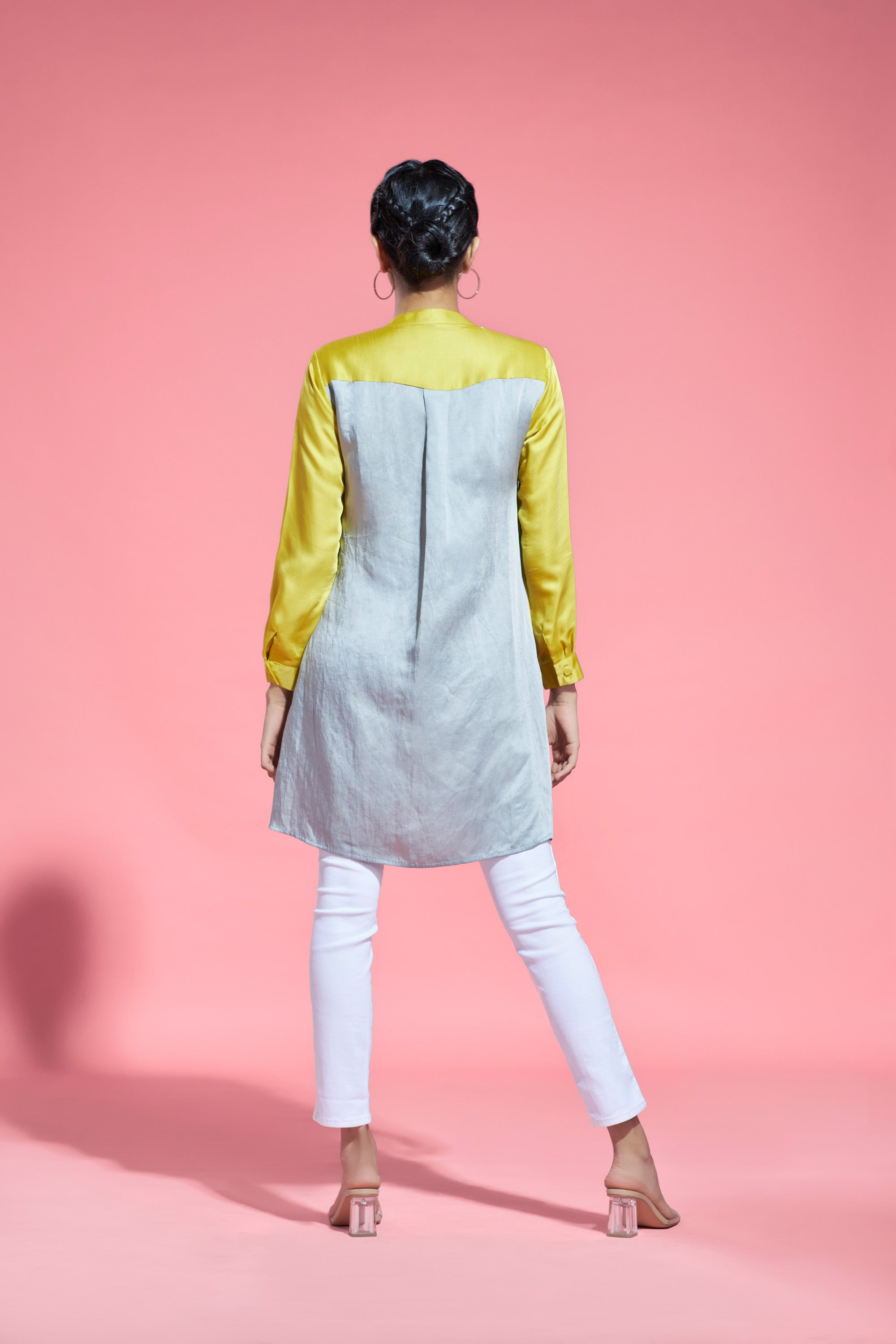 Yellow-Grey Linen Satin Tunic Aditi Somani India