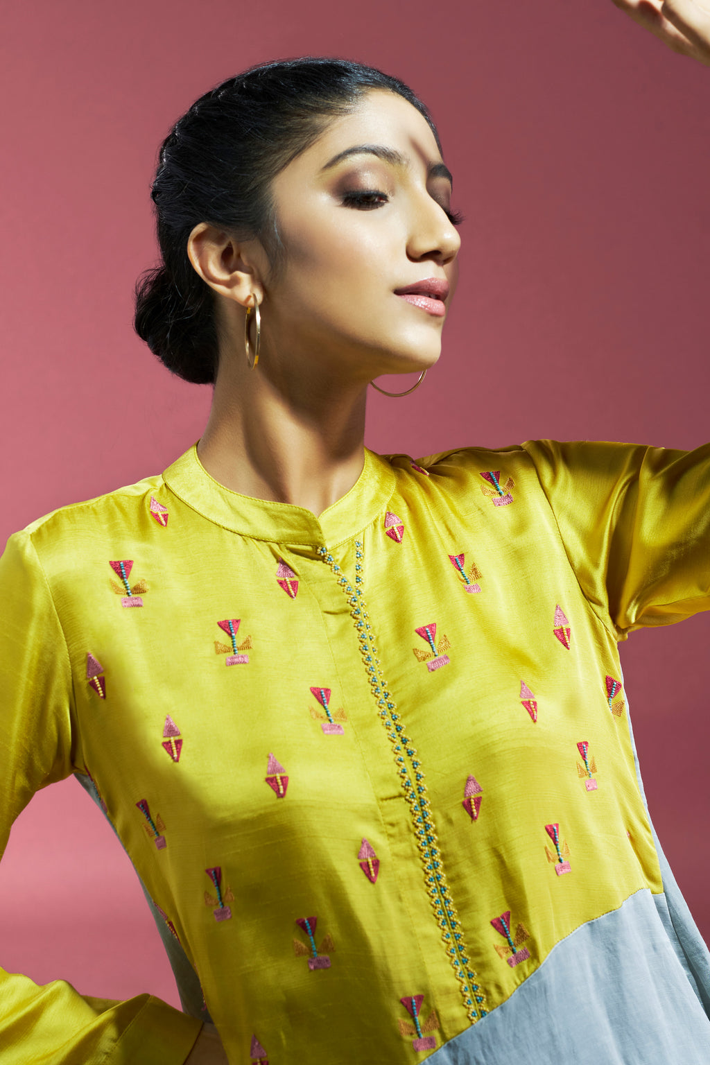 Yellow-Grey Linen Satin Tunic Aditi Somani India