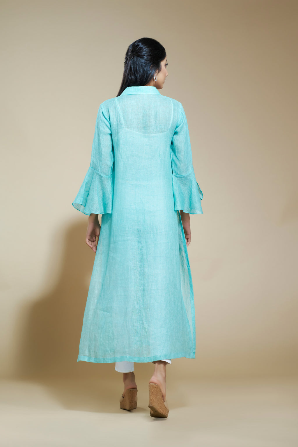 Turquoise Linen Tunic With Beaded Pocket