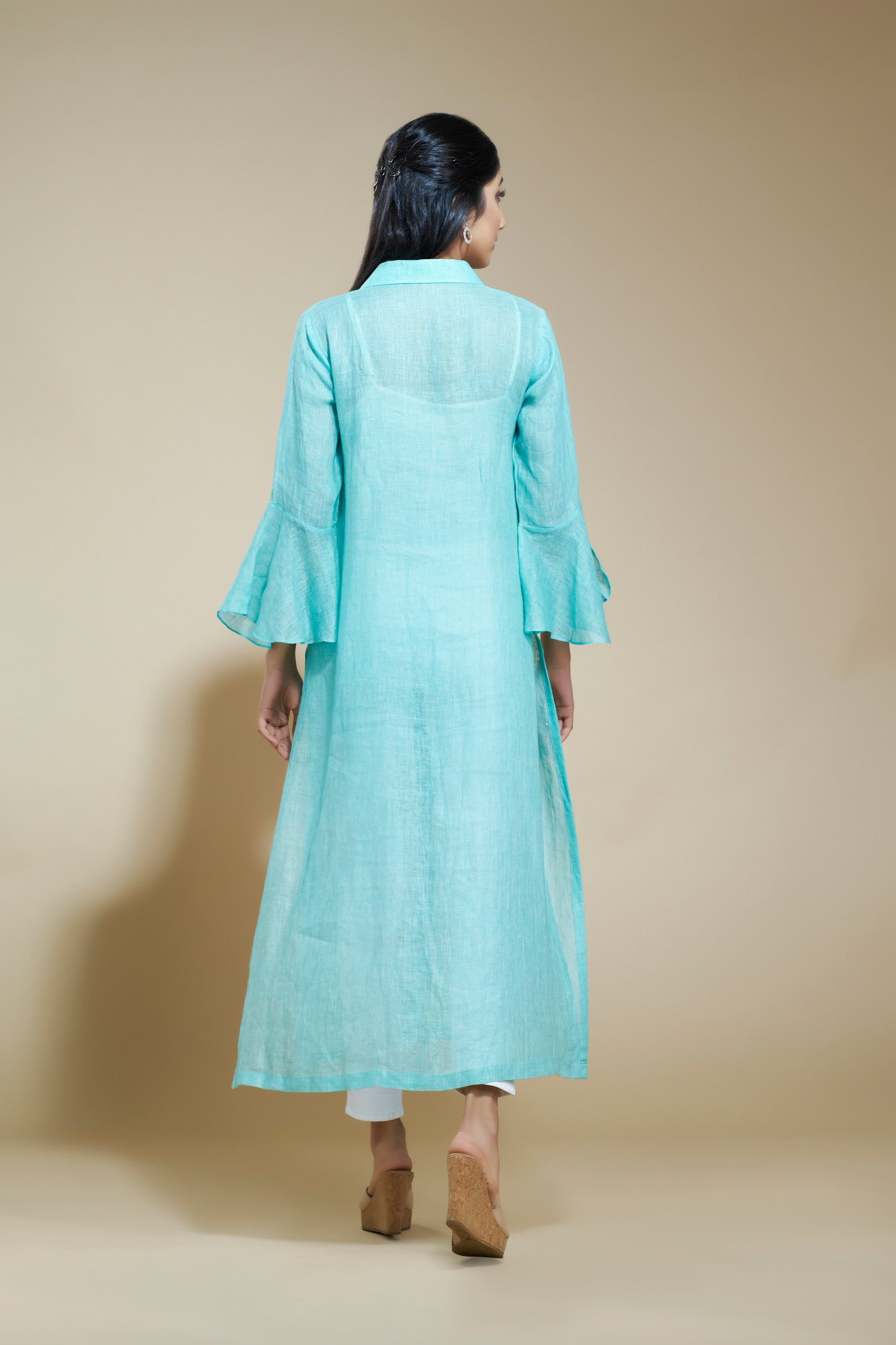 Turquoise Linen Tunic With Beaded Pocket