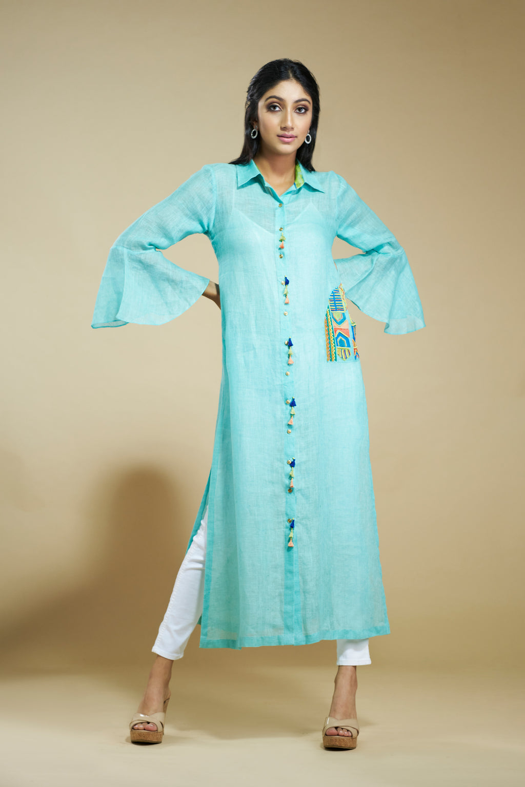 Turquoise Linen Tunic With Beaded Pocket