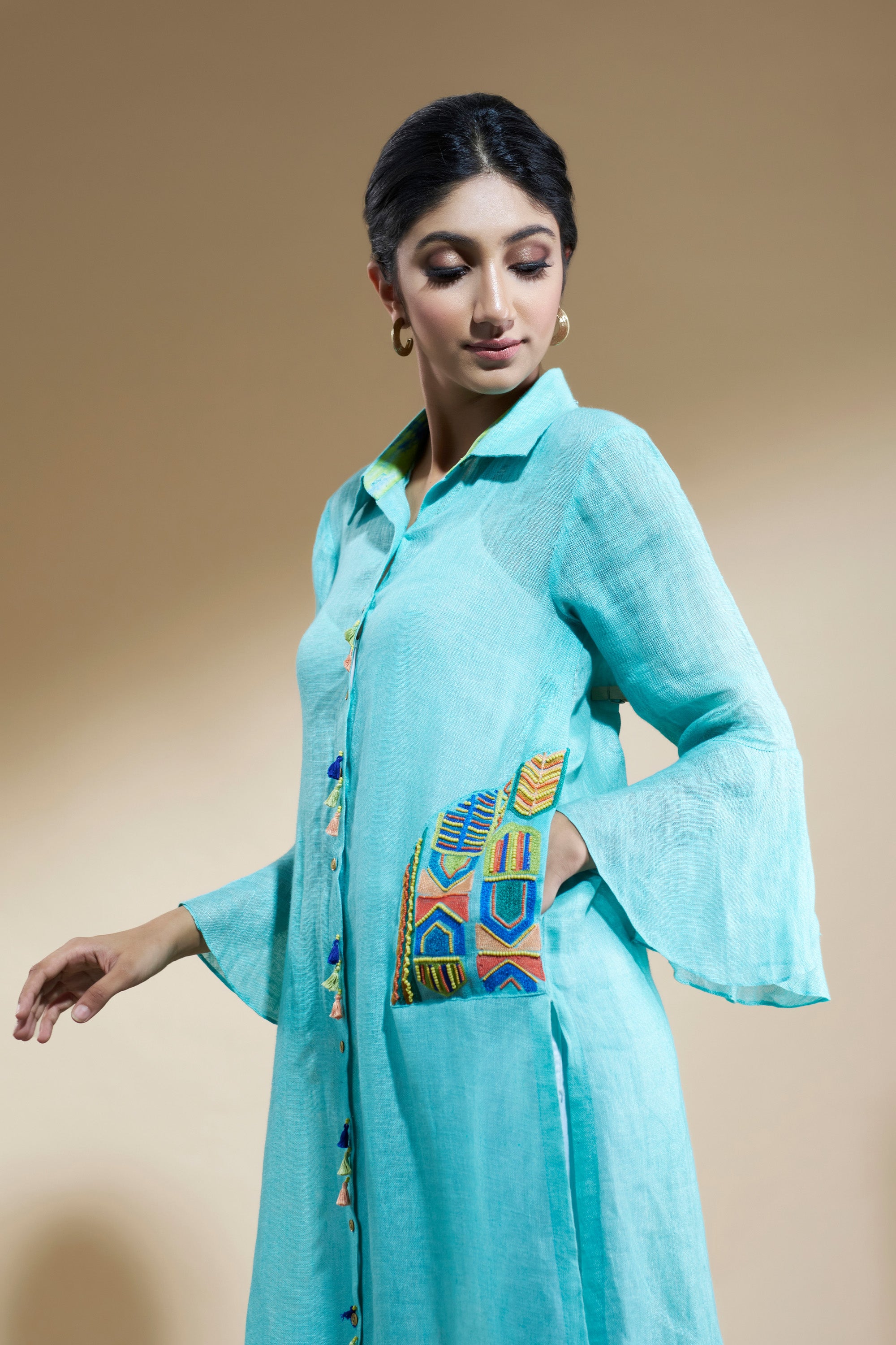 Turquoise Linen Tunic With Beaded Pocket