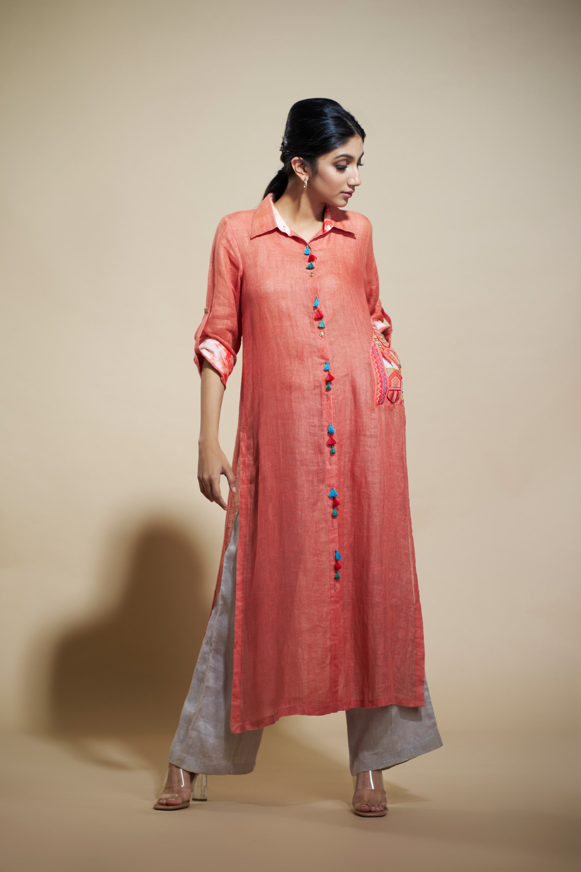 Coral Linen Tunic With Beaded Pocket Aditi Somani India