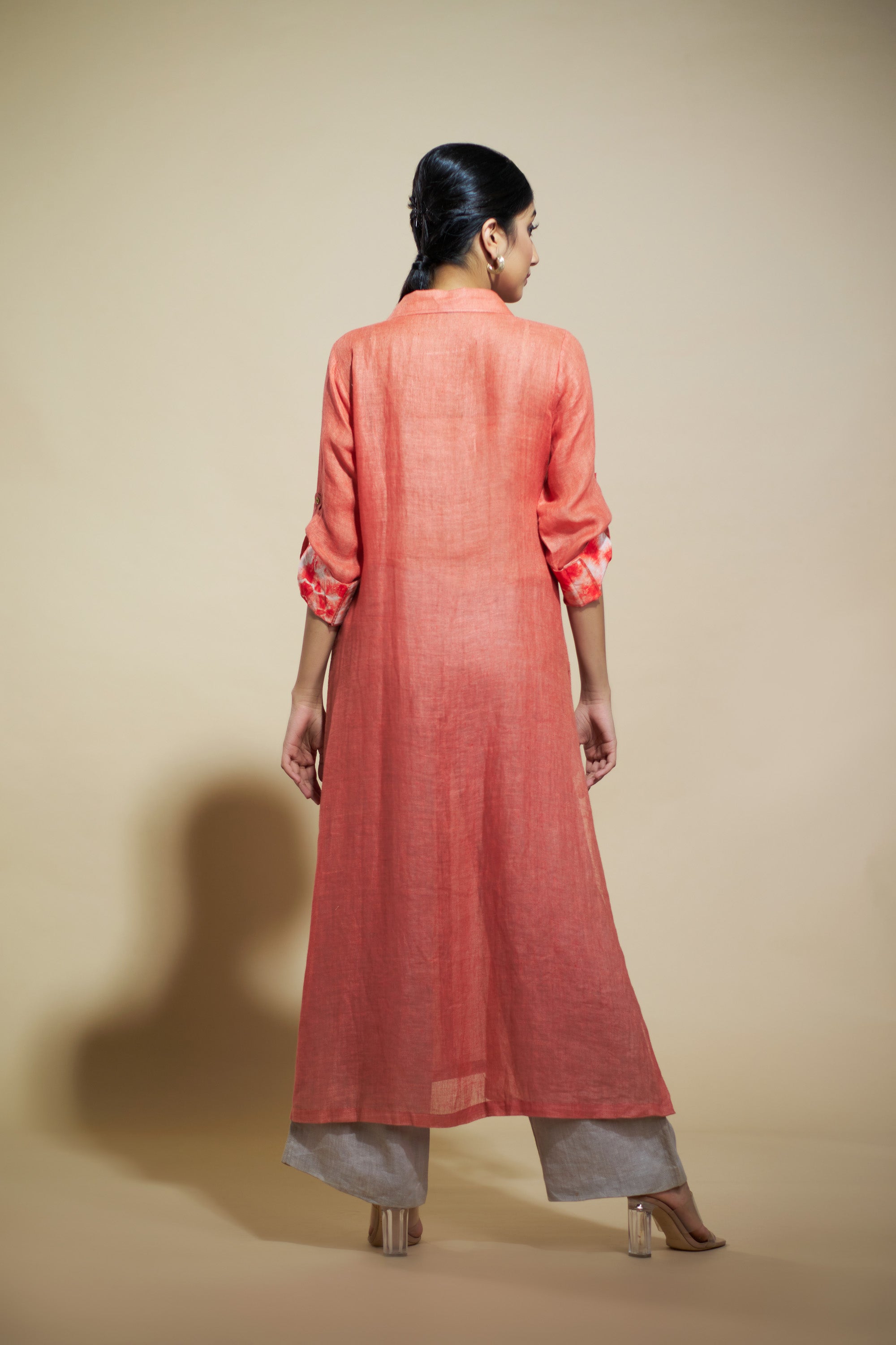 Coral Linen Tunic With Beaded Pocket Aditi Somani India
