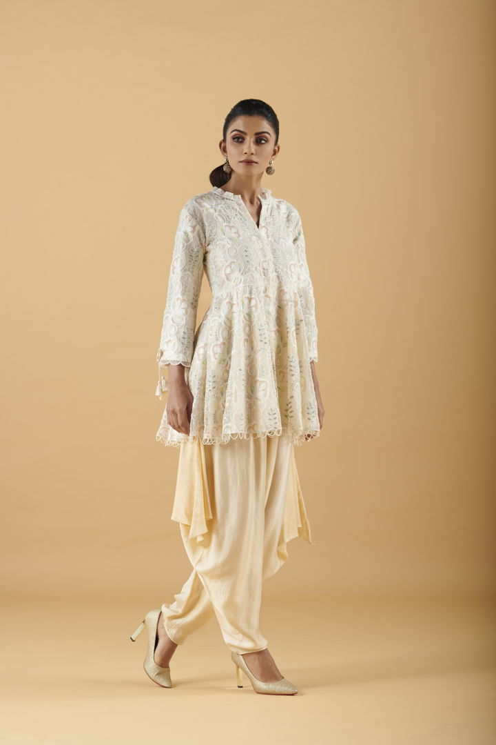 Embroidered Peplum Top With Satin Dhoti